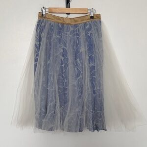 Alexandra Greco for Anthropologie Blue Floral A-Line Tulle Skirt
